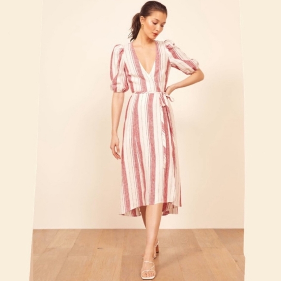 Reformation Wavea Linen Wrap Dress in Savannah Stripe - Picture 2 of 9